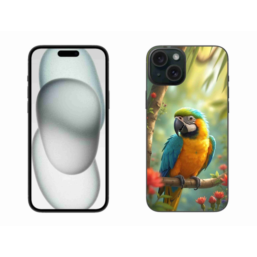 Gelový kryt mmCase na iPhone 15 Plus - papoušek ara modrožlutá