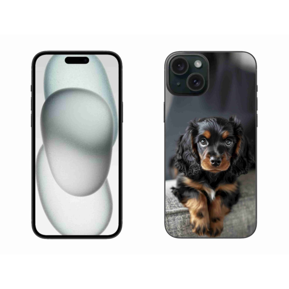 Gelový kryt mmCase na iPhone 15 Plus - roztomilý dlouhosrstý jezevčík