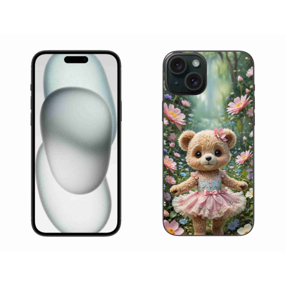 Gelový kryt mmCase na iPhone 15 Plus - roztomilý medvídek v květinách