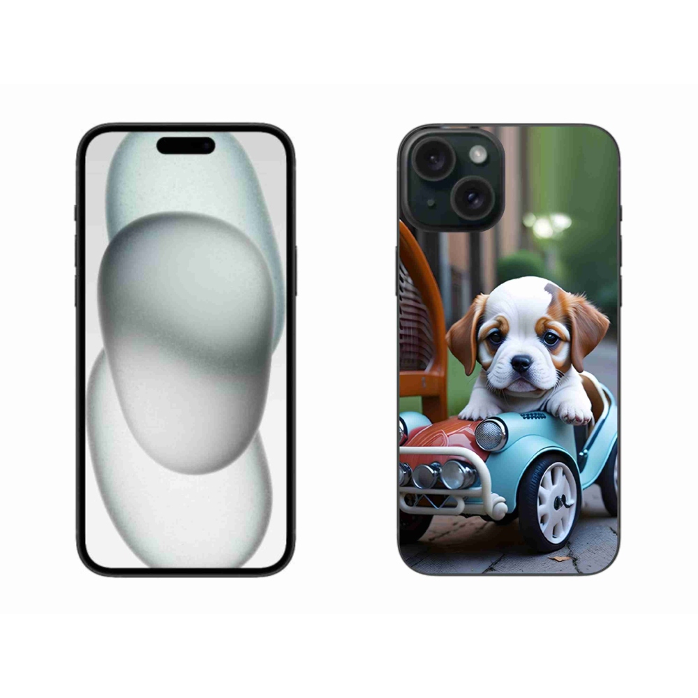 Gelový kryt mmCase na iPhone 15 Plus - štěně v retro autě