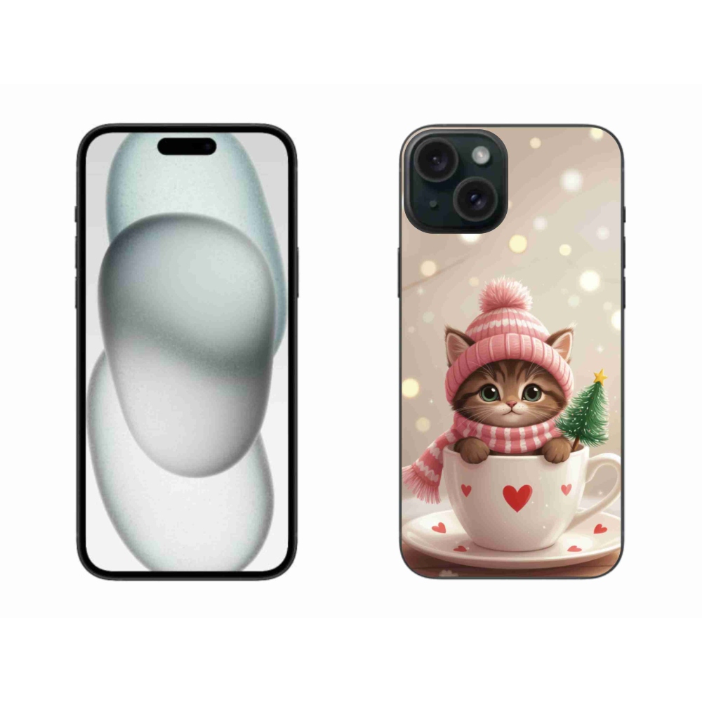 Gelový kryt mmCase na iPhone 15 Plus - vánoční kotě v hrnku