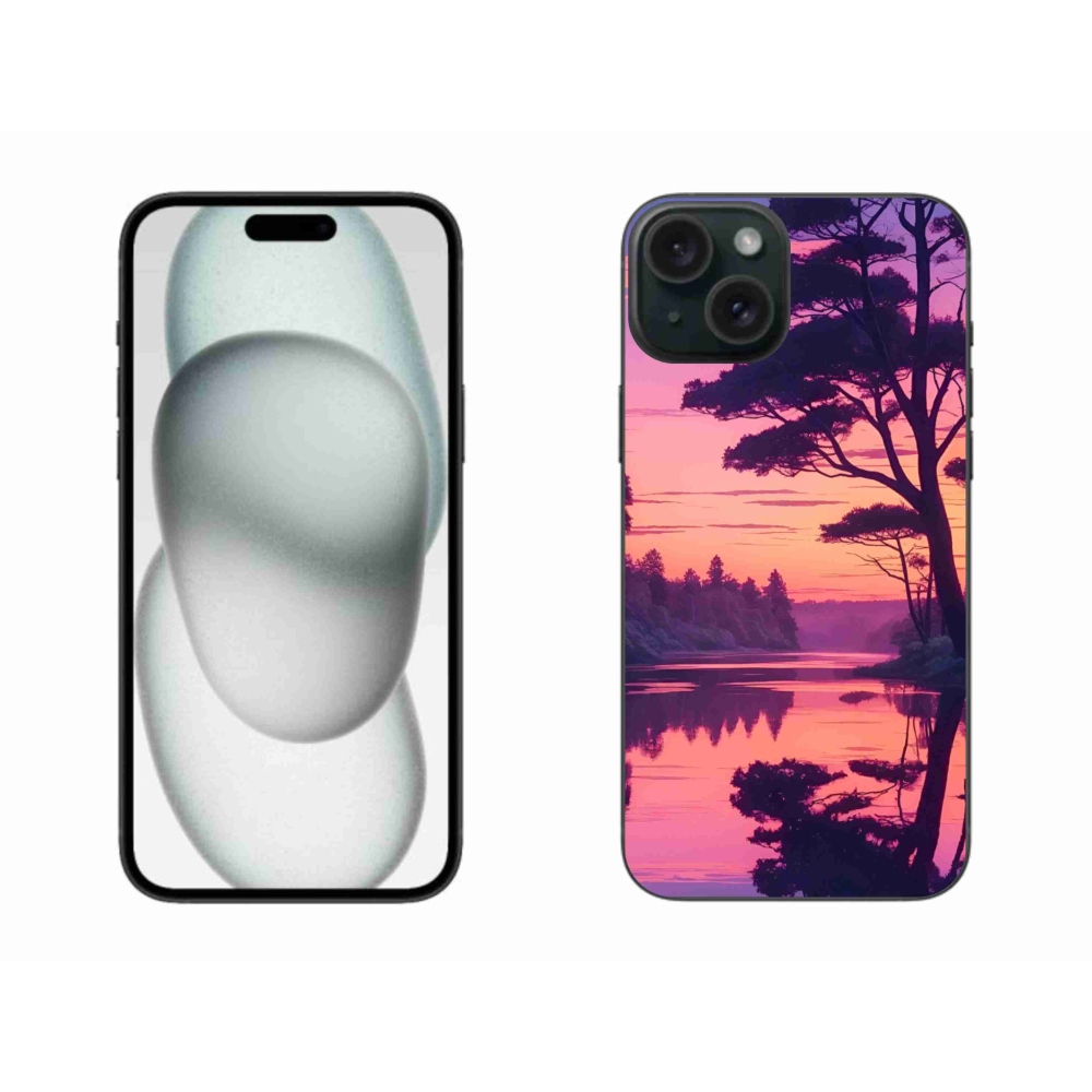 Gelový kryt mmCase na iPhone 15 Plus - západ slunce nad jezerem