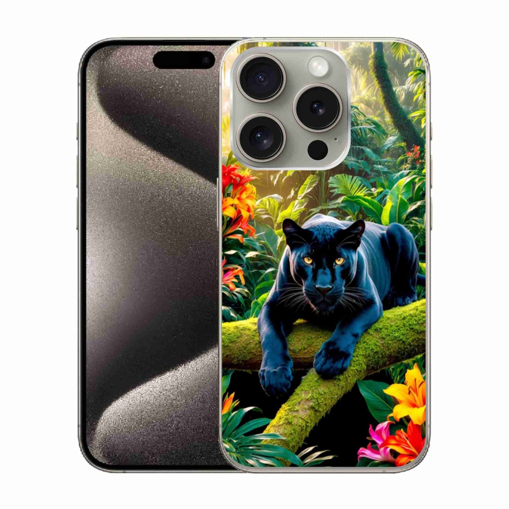 Gelový kryt mmCase na iPhone 15 Pro - černý panter v džungli