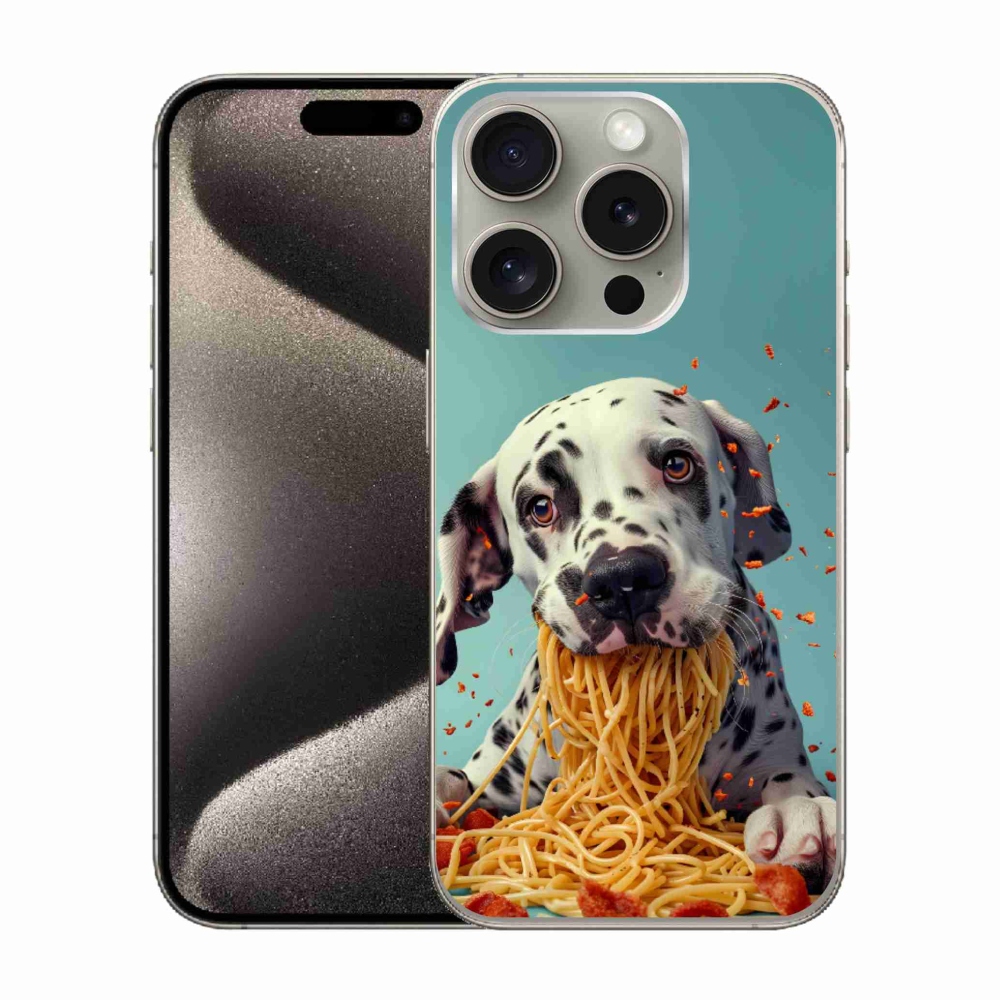 Gelový kryt mmCase na iPhone 15 Pro - dalmatin a špagety