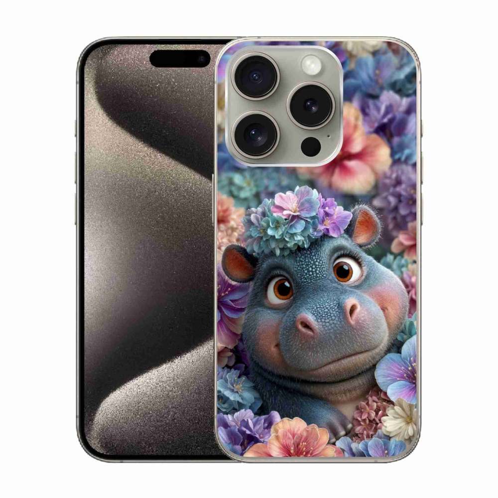 Gelový kryt mmCase na iPhone 15 Pro - hrošík v květinách