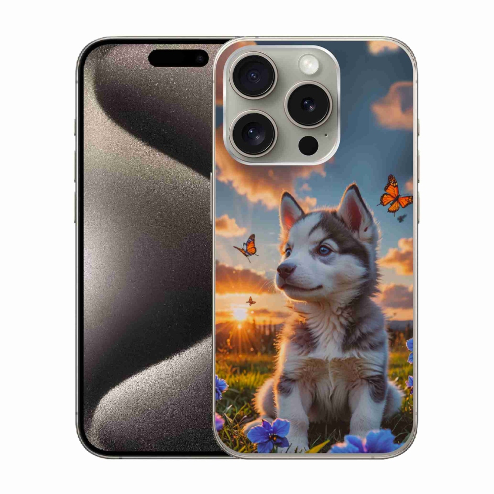 Gelový kryt mmCase na iPhone 15 Pro - husky při západu slunce