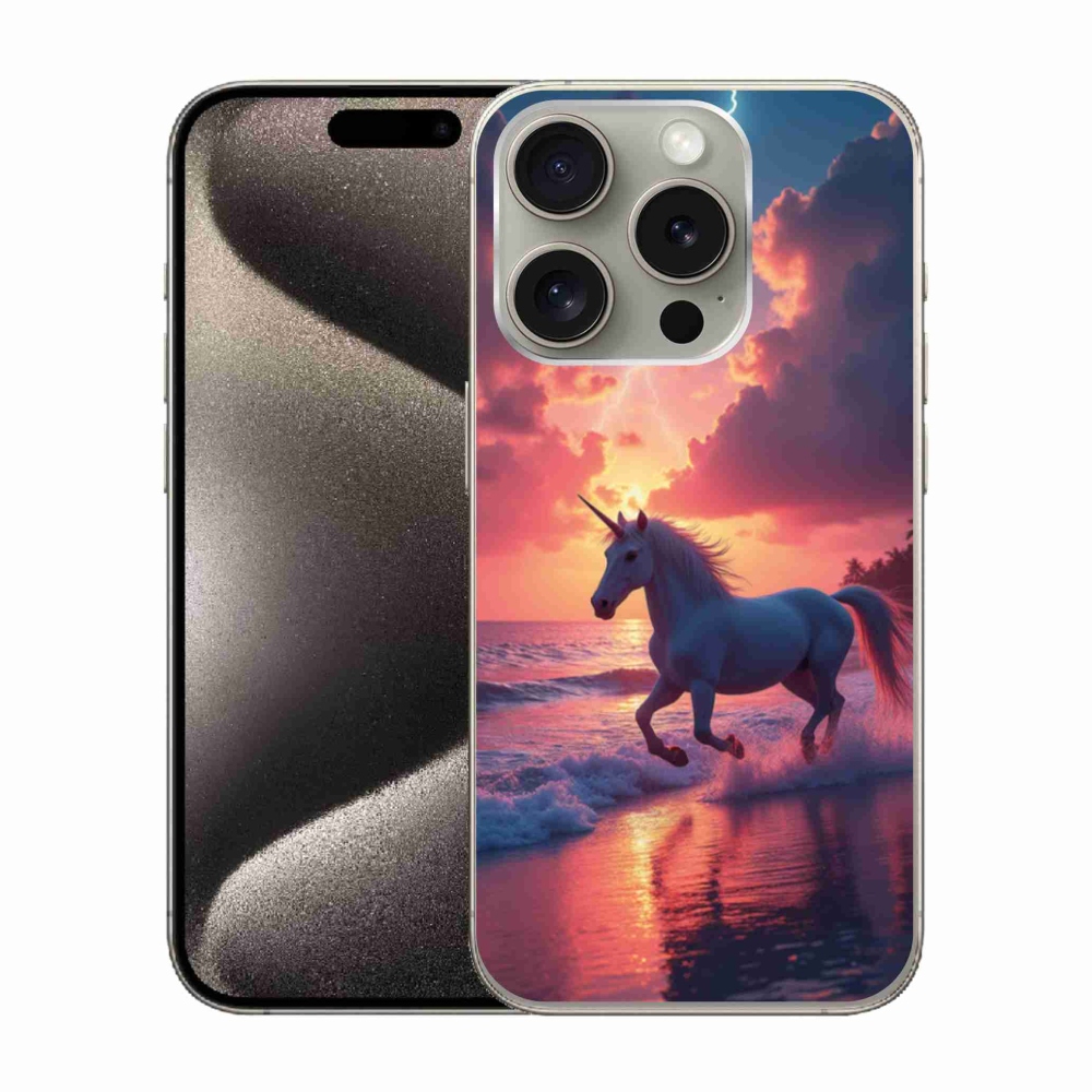 Gelový kryt mmCase na iPhone 15 Pro - jednorožec na pláži
