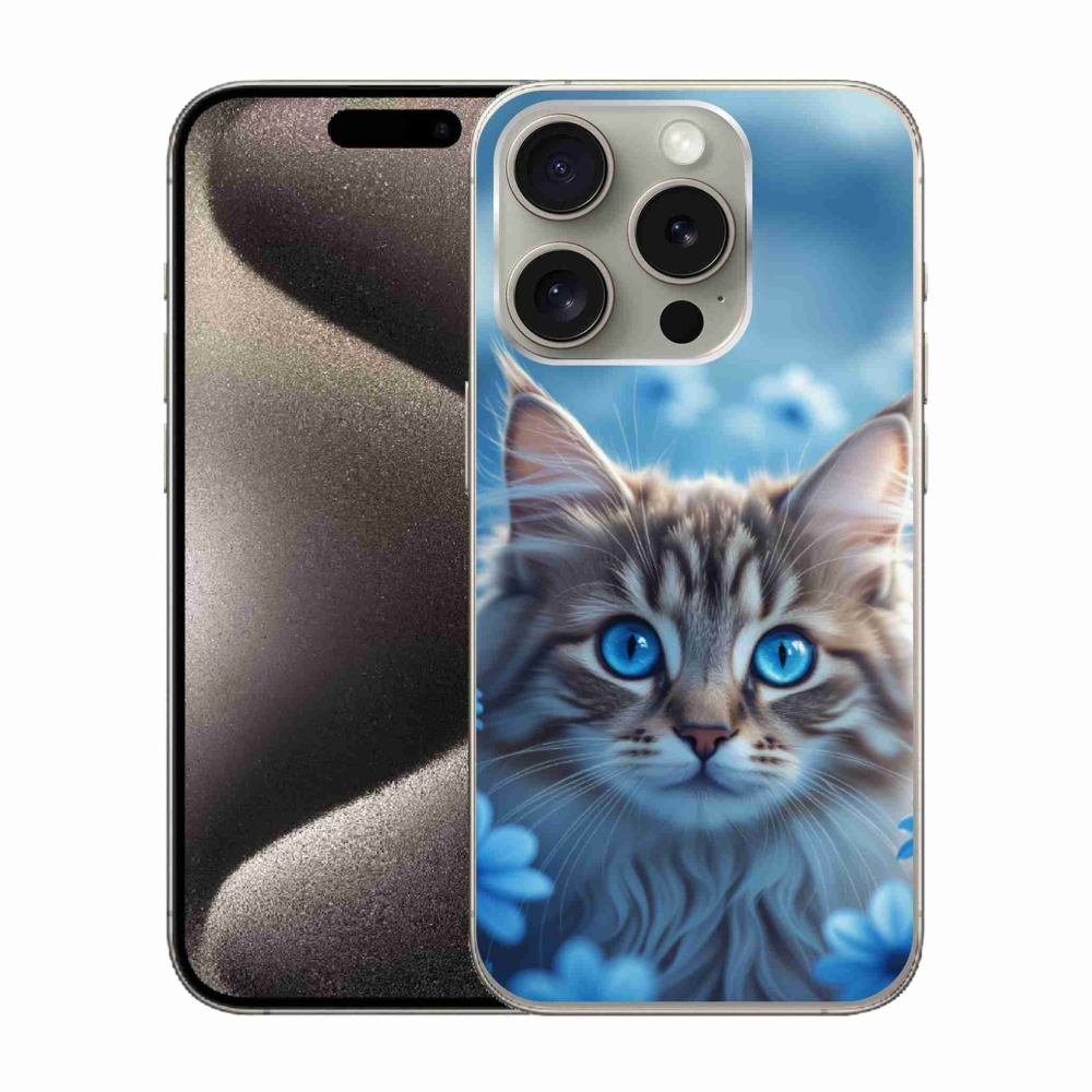 Gelový kryt mmCase na iPhone 15 Pro - koťátko v modrých květech