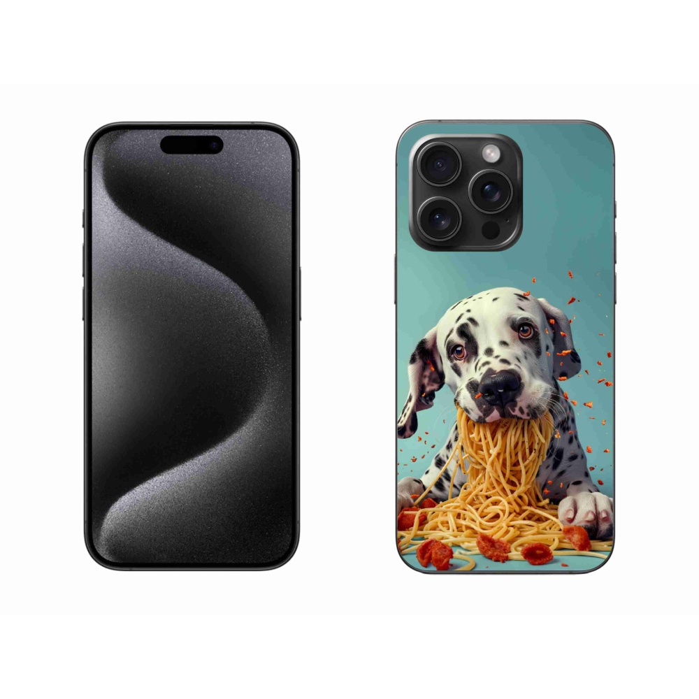 Gelový kryt mmCase na iPhone 15 Pro Max - dalmatin a špagety