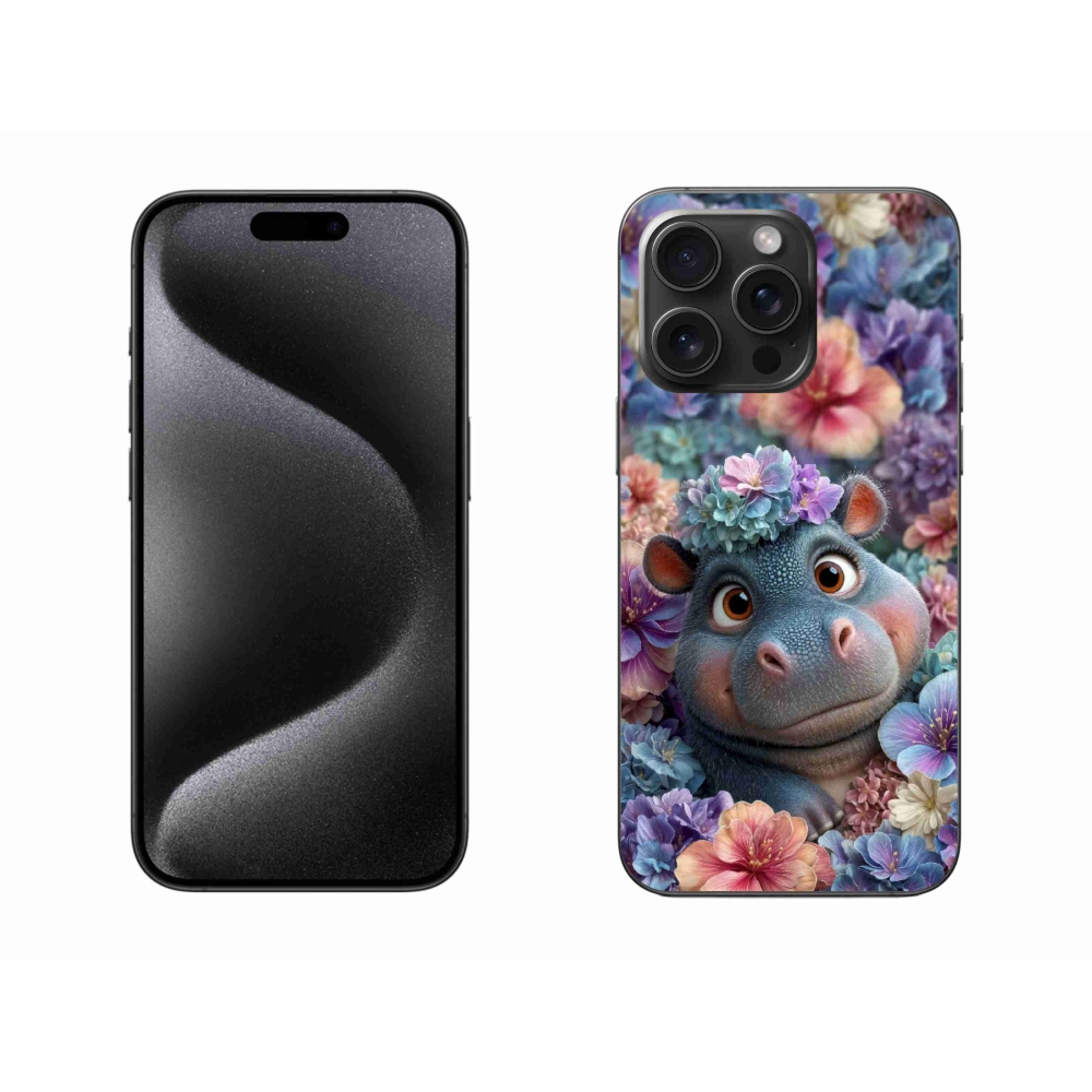 Gelový kryt mmCase na iPhone 15 Pro Max - hrošík v květinách