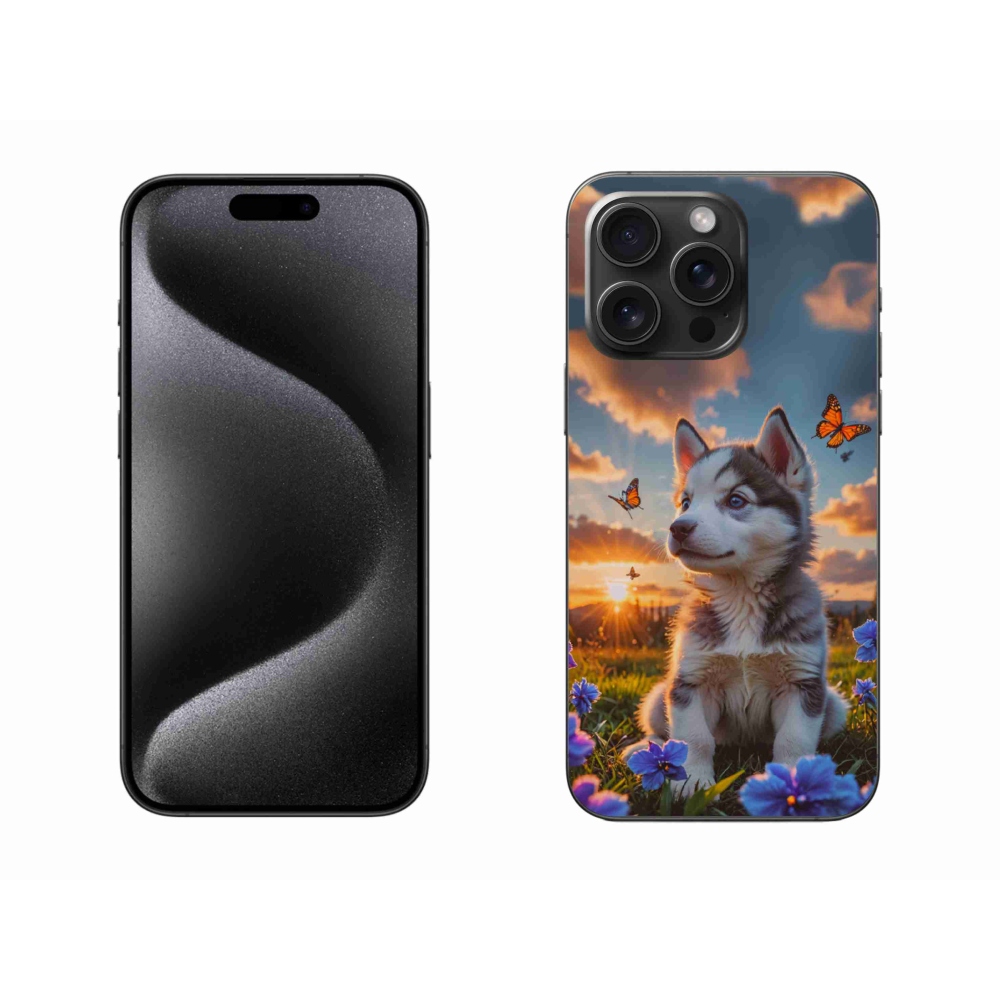 Gelový kryt mmCase na iPhone 15 Pro Max - husky při západu slunce