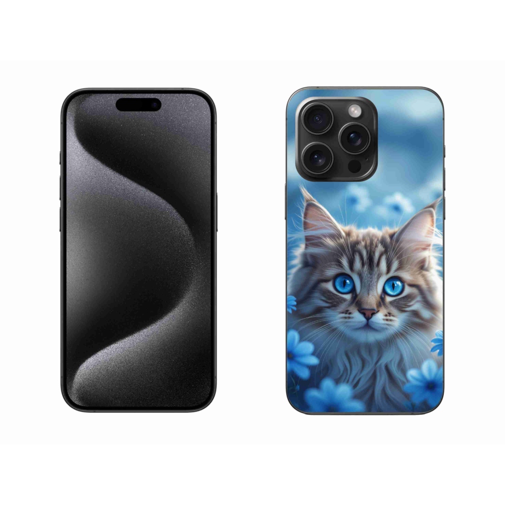 Gelový kryt mmCase na iPhone 15 Pro Max - koťátko v modrých květech