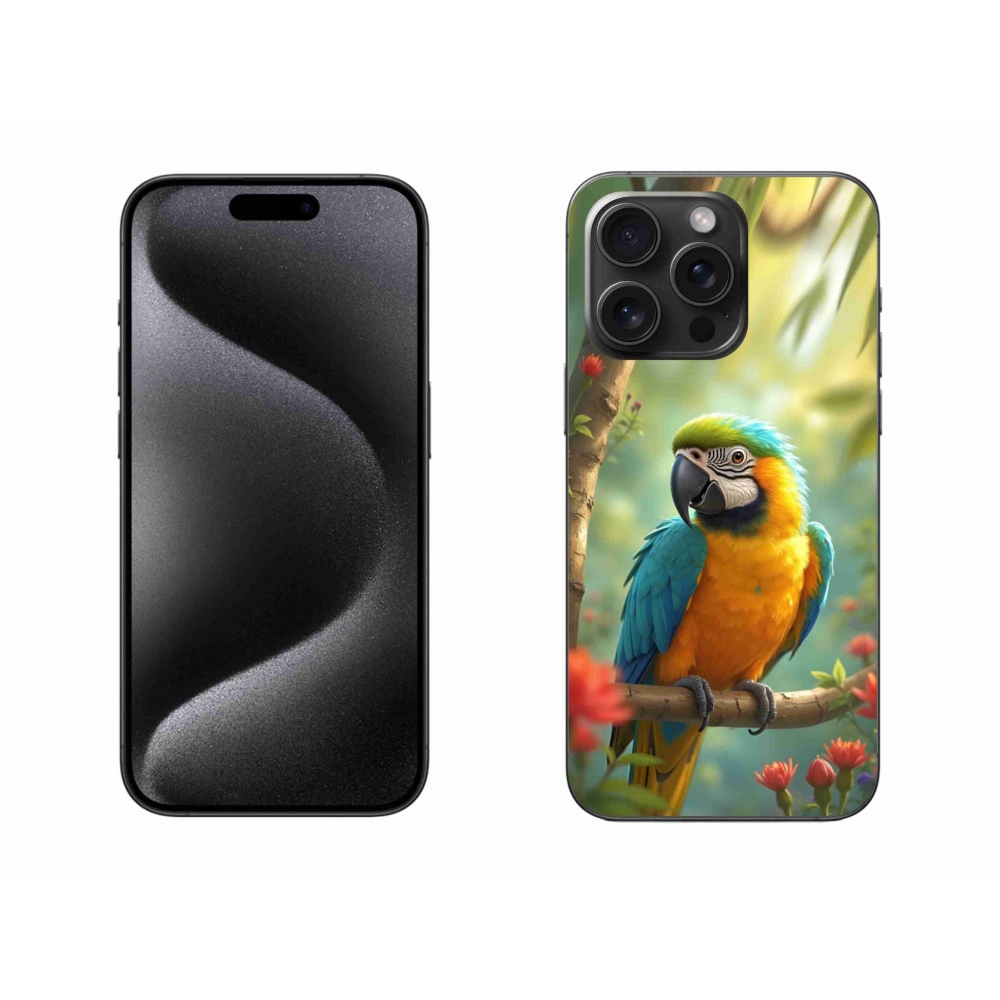 Gelový kryt mmCase na iPhone 15 Pro Max - papoušek ara modrožlutá