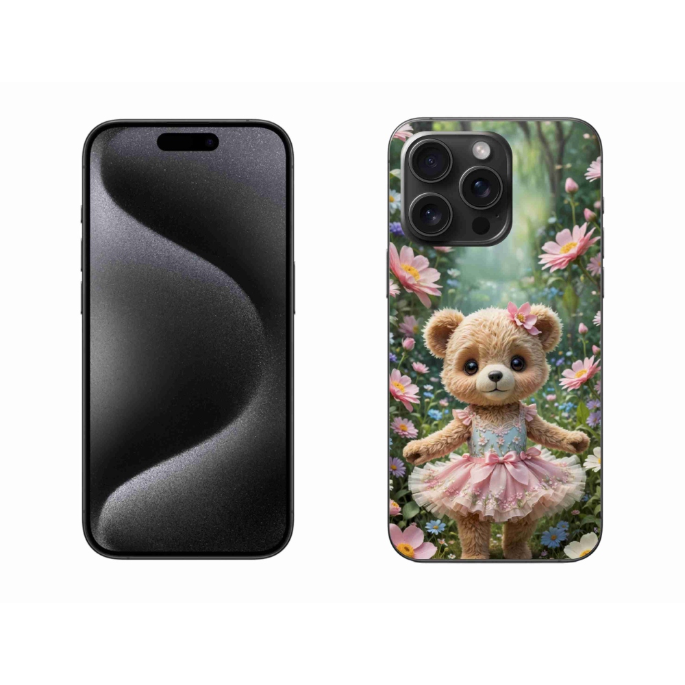 Gelový kryt mmCase na iPhone 15 Pro Max - roztomilý medvídek v květinách