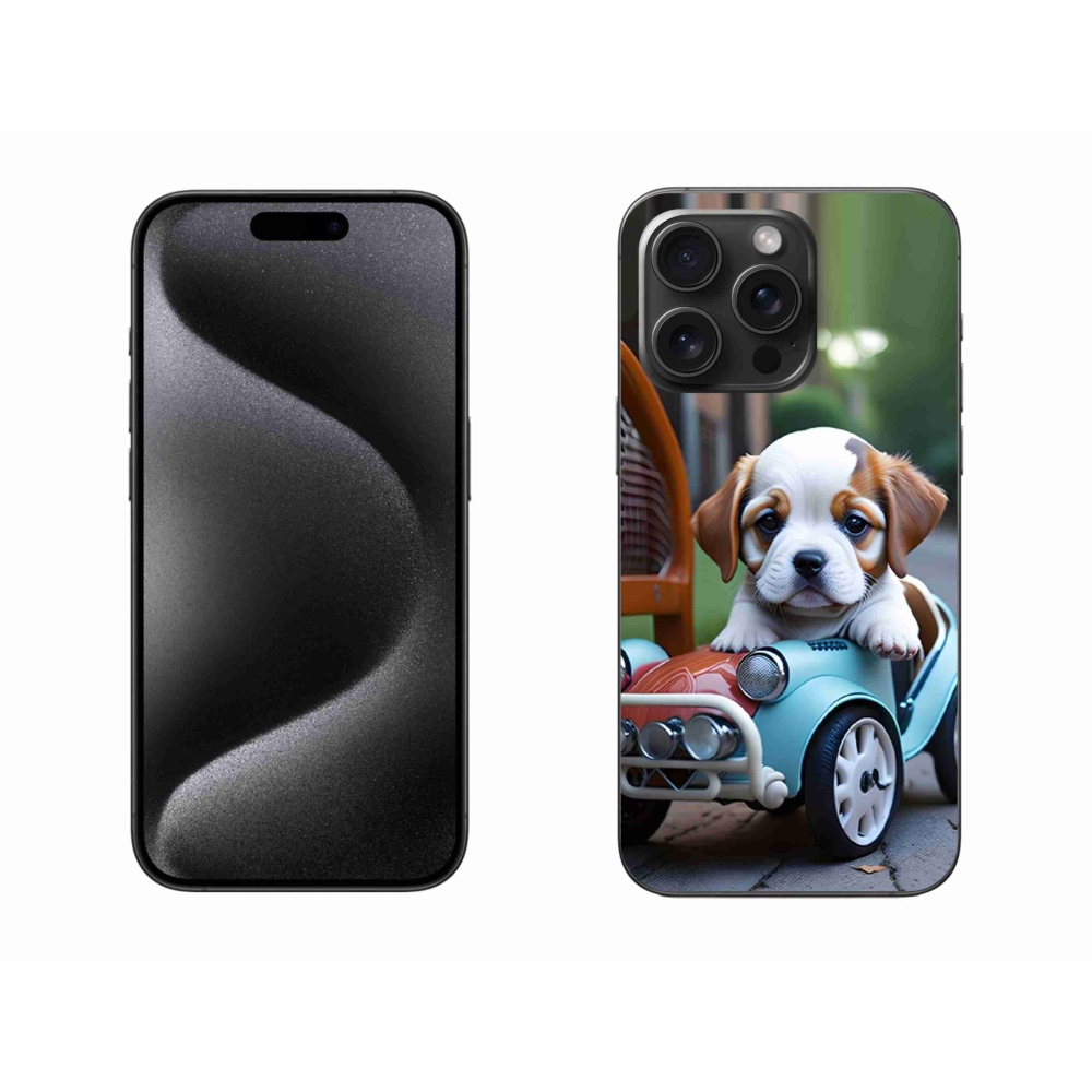 Gelový kryt mmCase na iPhone 15 Pro Max - štěně v retro autě