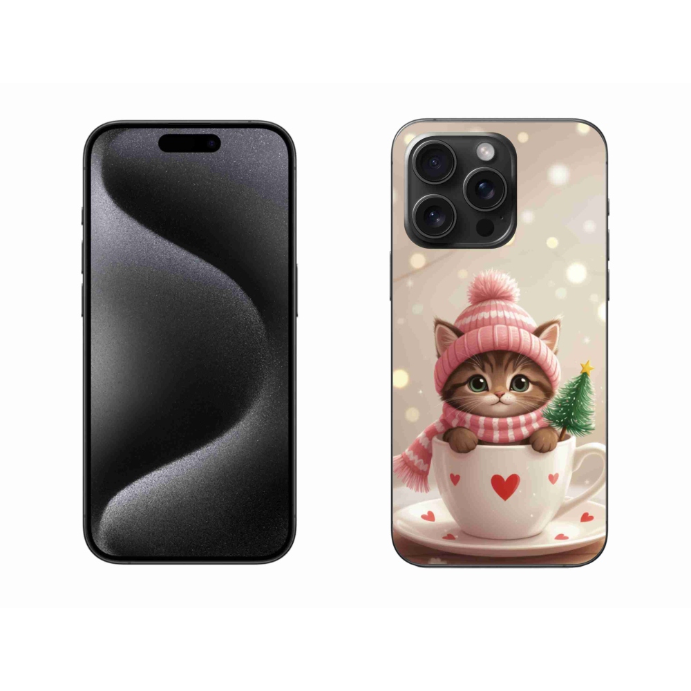 Gelový kryt mmCase na iPhone 15 Pro Max - vánoční kotě v hrnku
