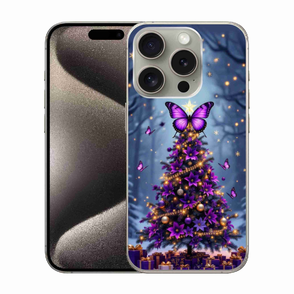 Gelový kryt mmCase na iPhone 15 Pro - motýlí vánoční stromek