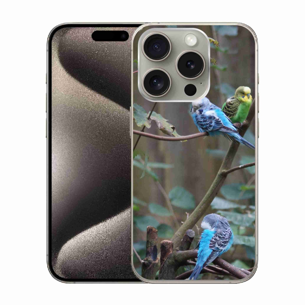 Gelový kryt mmCase na iPhone 15 Pro - papoušci na větvi