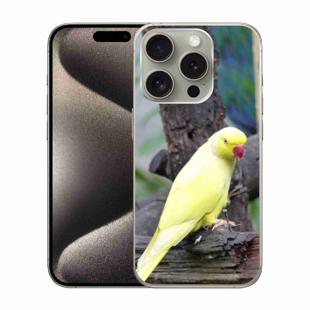 Gelový kryt mmCase na iPhone 15 Pro - papoušek alexandr žlutý