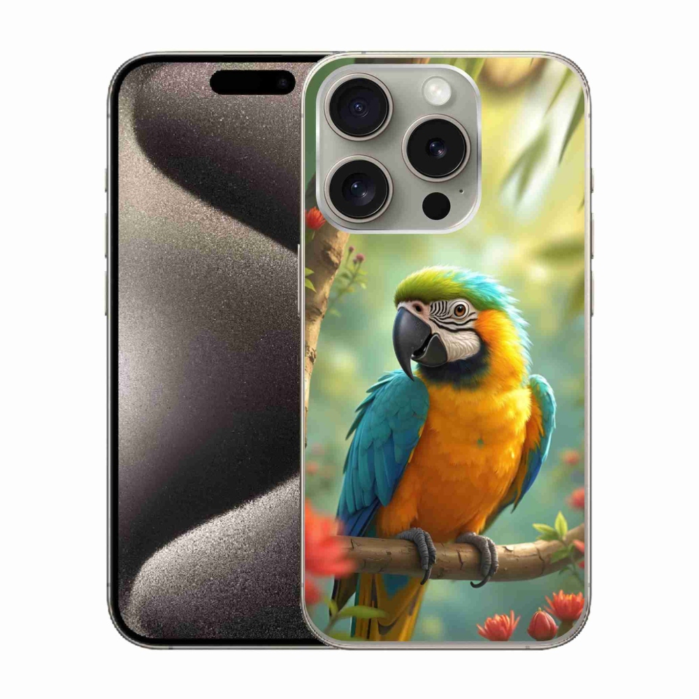 Gelový kryt mmCase na iPhone 15 Pro - papoušek ara modrožlutá