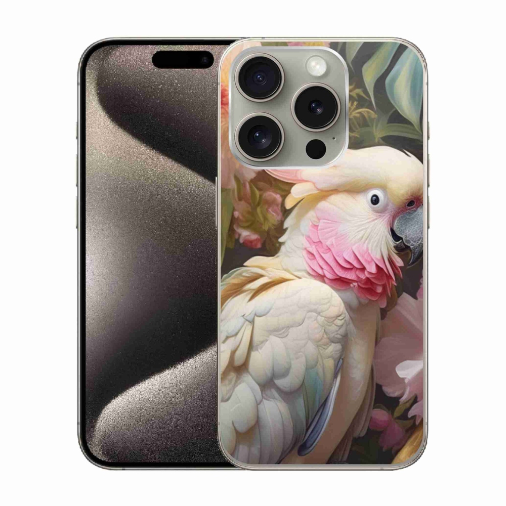 Gelový kryt mmCase na iPhone 15 Pro - papoušek kakadu růžový 2