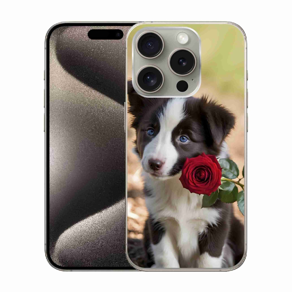 Gelový kryt mmCase na iPhone 15 Pro - roztomilá border kolie s růží
