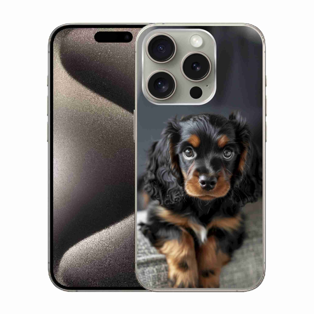 Gelový kryt mmCase na iPhone 15 Pro - roztomilý dlouhosrstý jezevčík