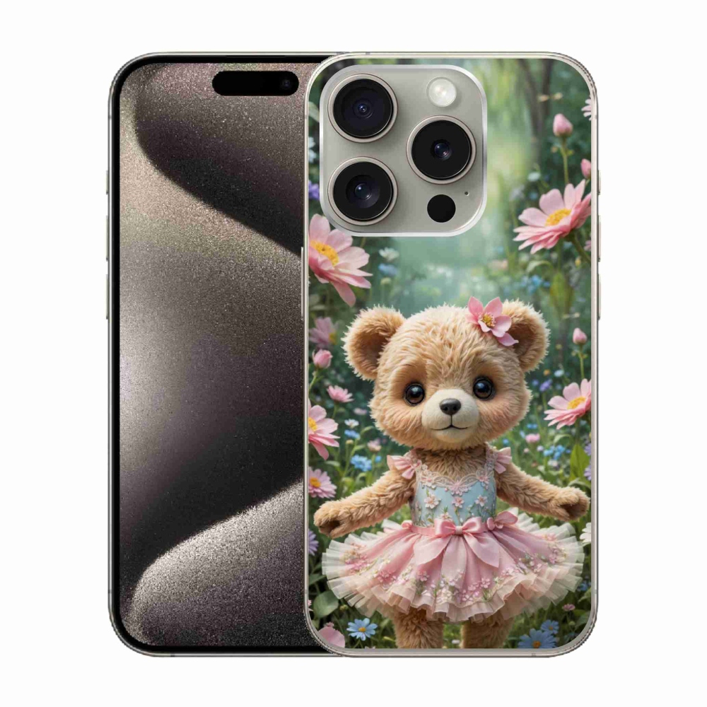 Gelový kryt mmCase na iPhone 15 Pro - roztomilý medvídek v květinách