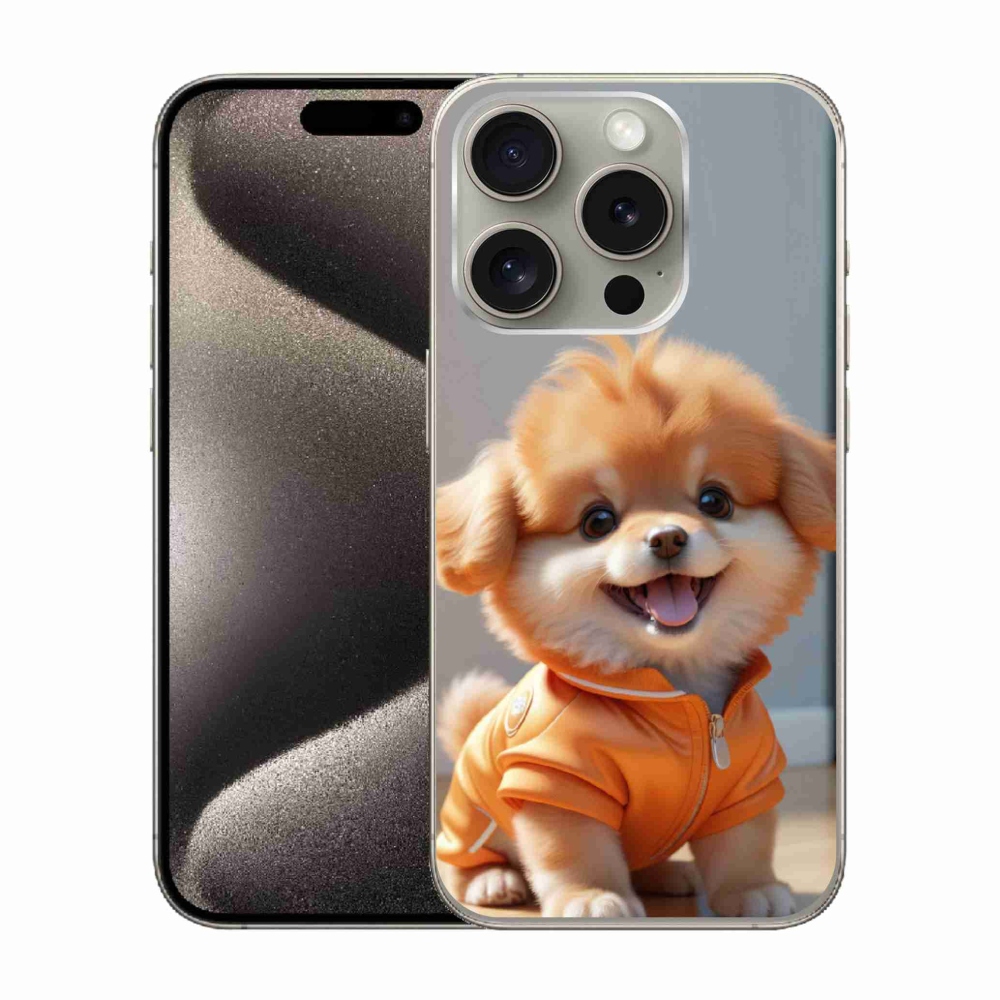 Gelový kryt mmCase na iPhone 15 Pro - roztomilý pomeranian v mikině