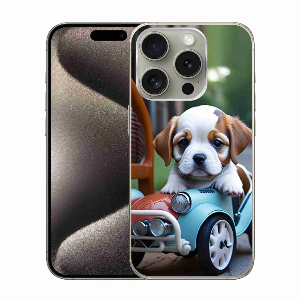 Gelový kryt mmCase na iPhone 15 Pro - štěně v retro autě