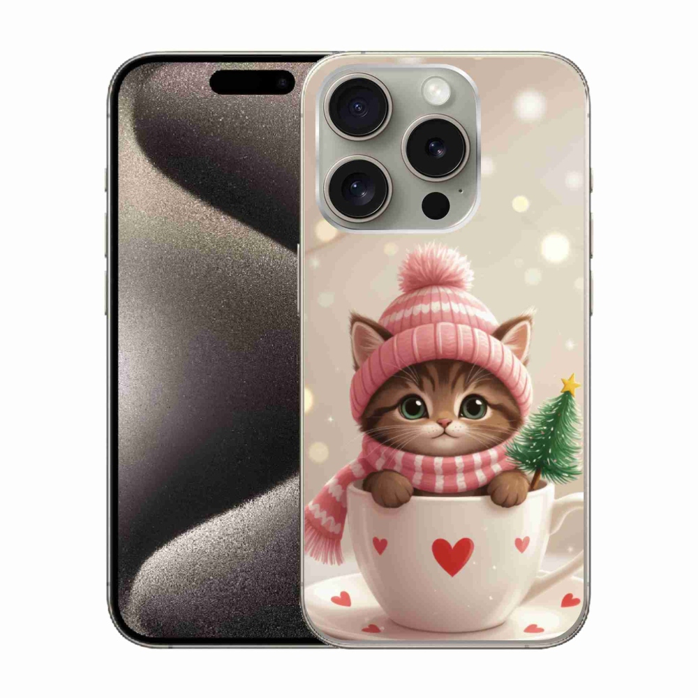 Gelový kryt mmCase na iPhone 15 Pro - vánoční kotě v hrnku