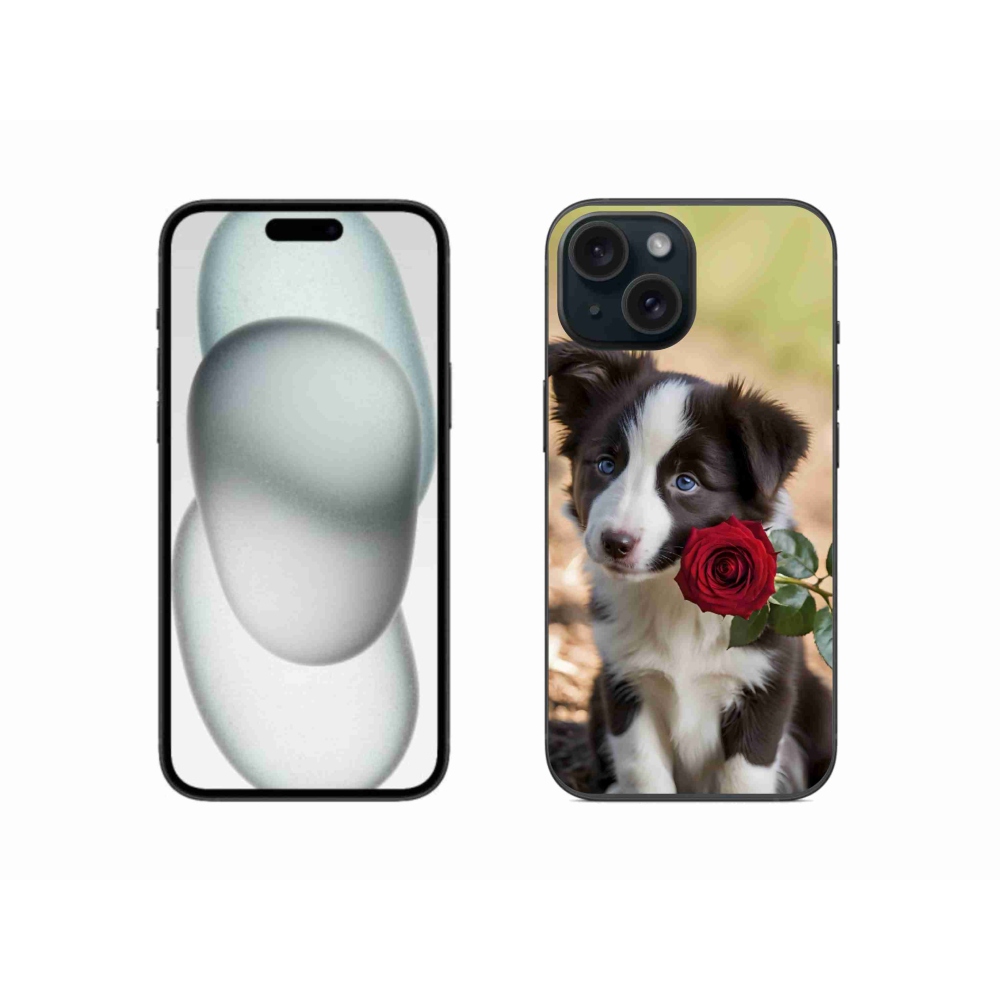 Gelový kryt mmCase na iPhone 15 - roztomilá border kolie s růží