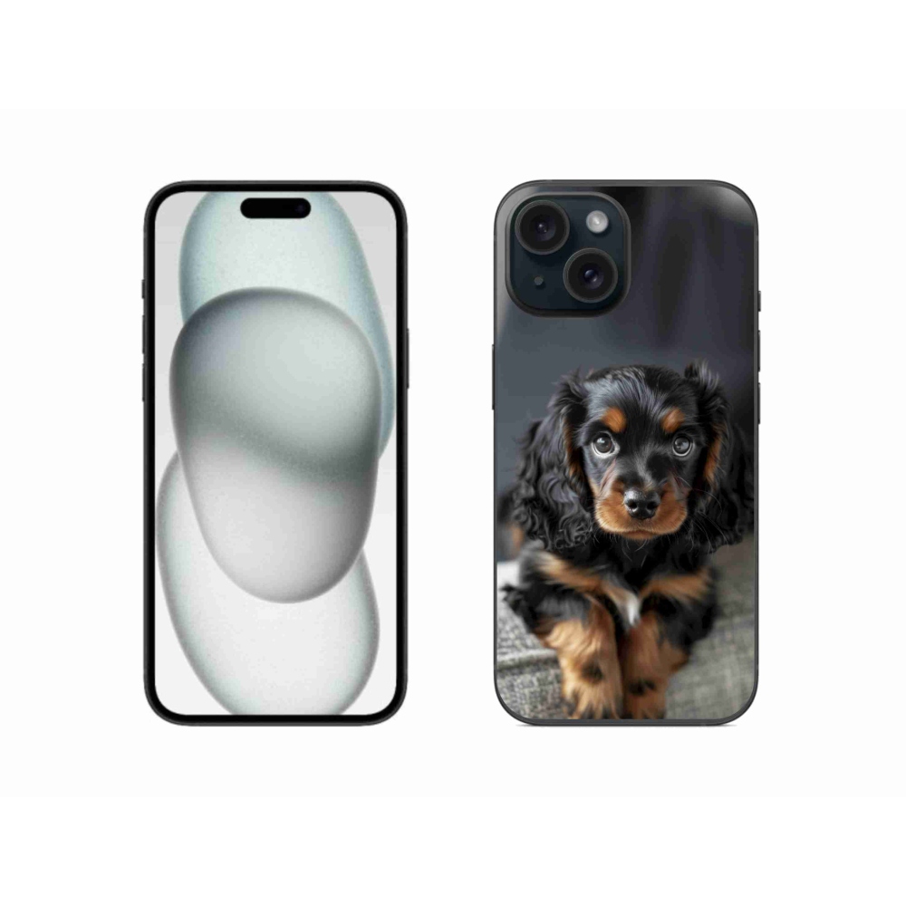 Gelový kryt mmCase na iPhone 15 - roztomilý dlouhosrstý jezevčík