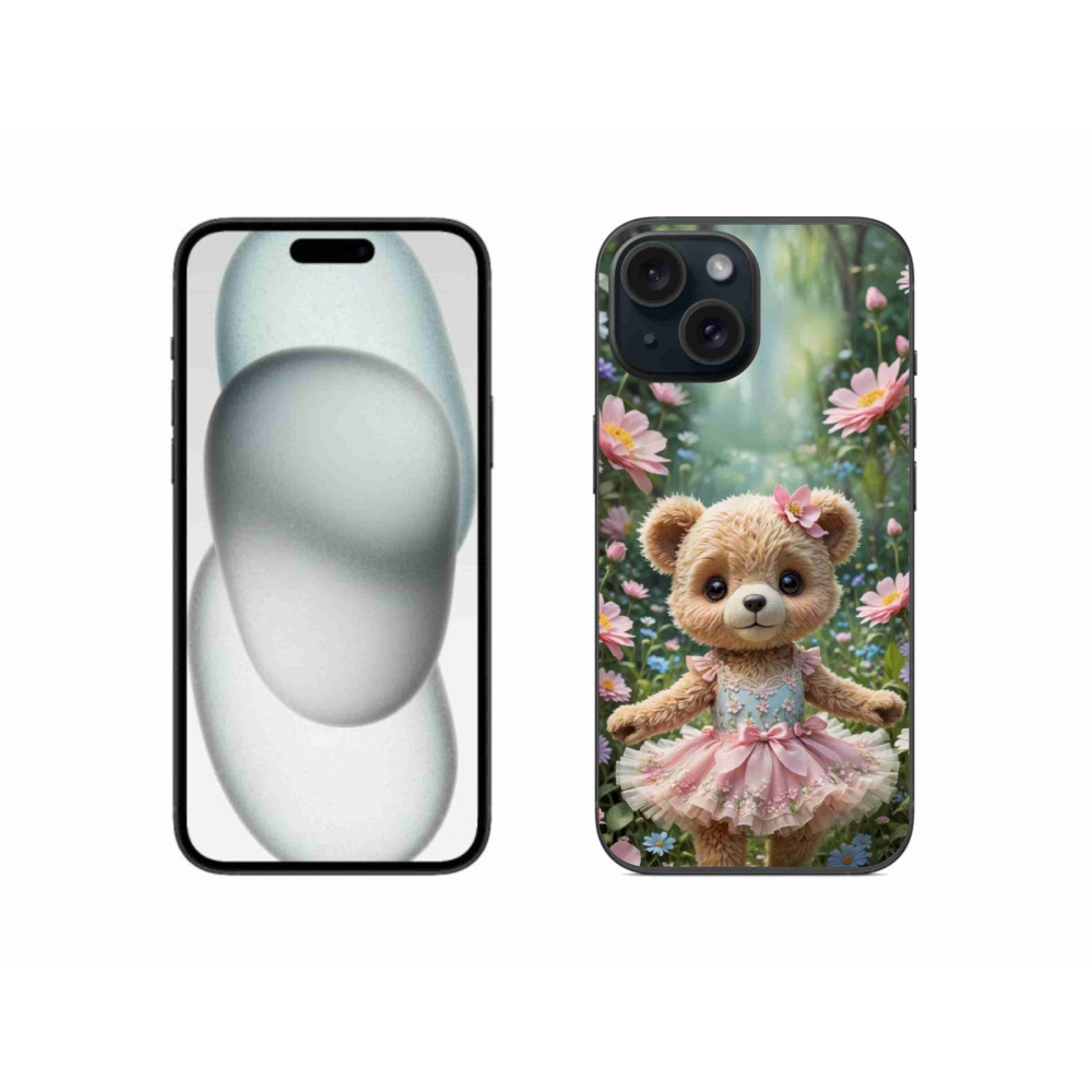 Gelový kryt mmCase na iPhone 15 - roztomilý medvídek v květinách