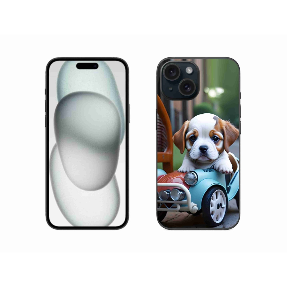 Gelový kryt mmCase na iPhone 15 - štěně v retro autě