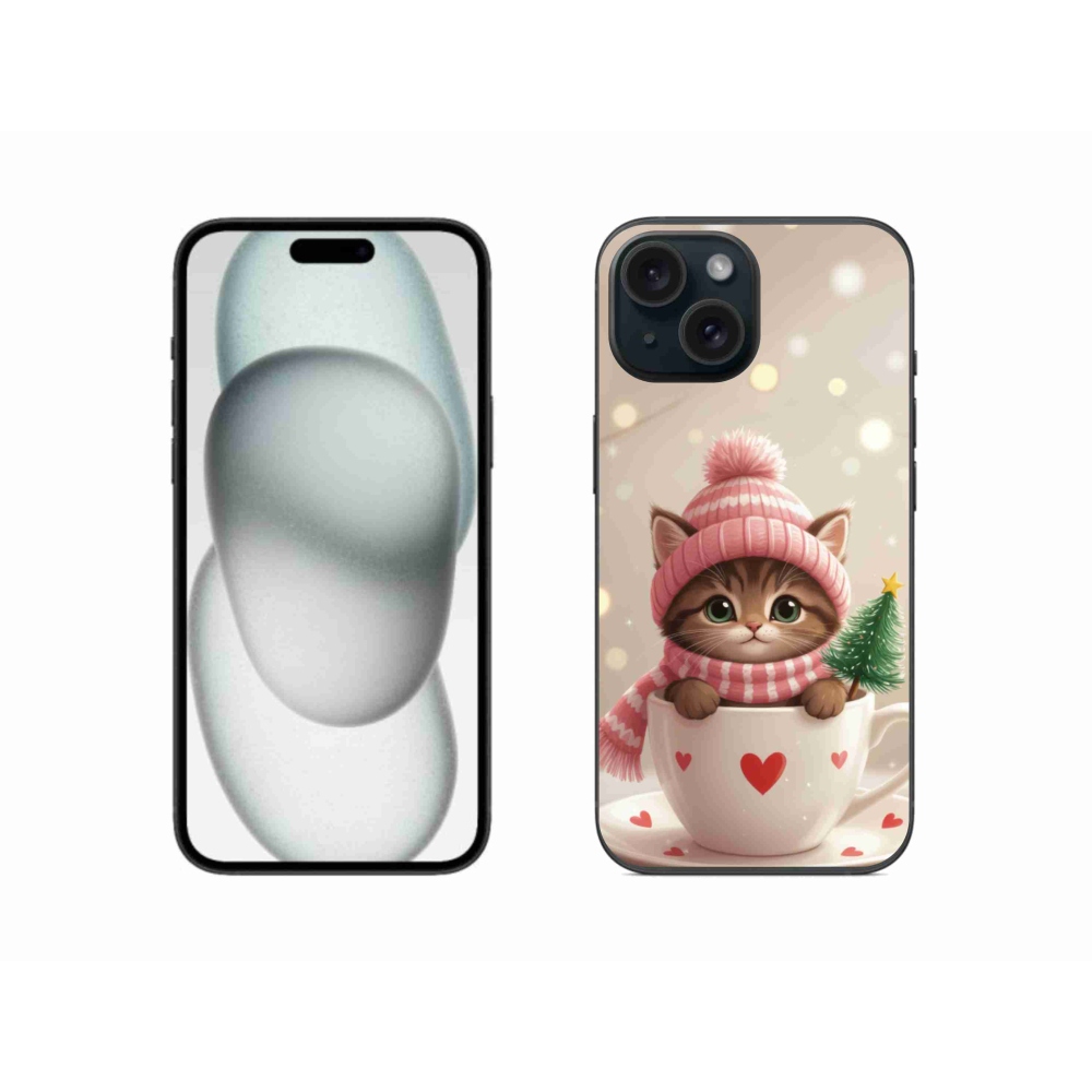 Gelový kryt mmCase na iPhone 15 - vánoční kotě v hrnku