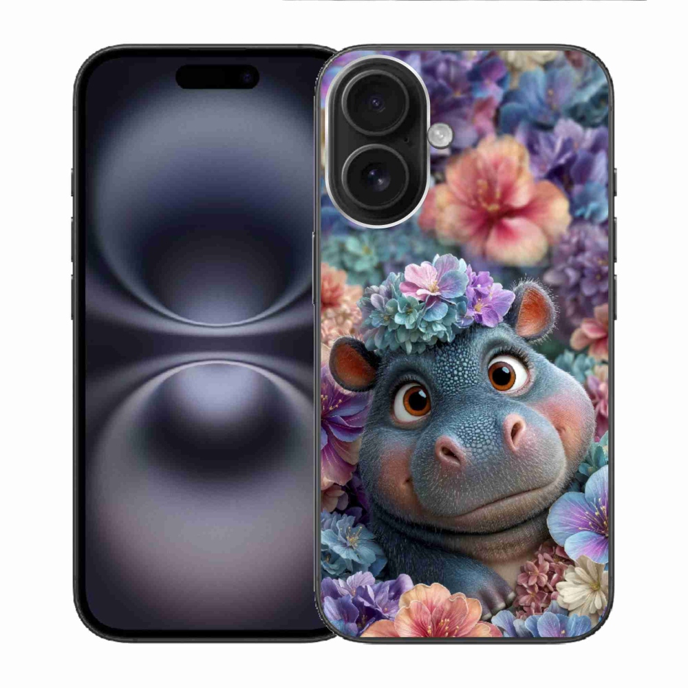 Gelový kryt mmCase na iPhone 16 - hrošík v květinách