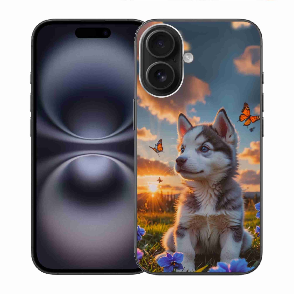 Gelový kryt mmCase na iPhone 16 - husky při západu slunce