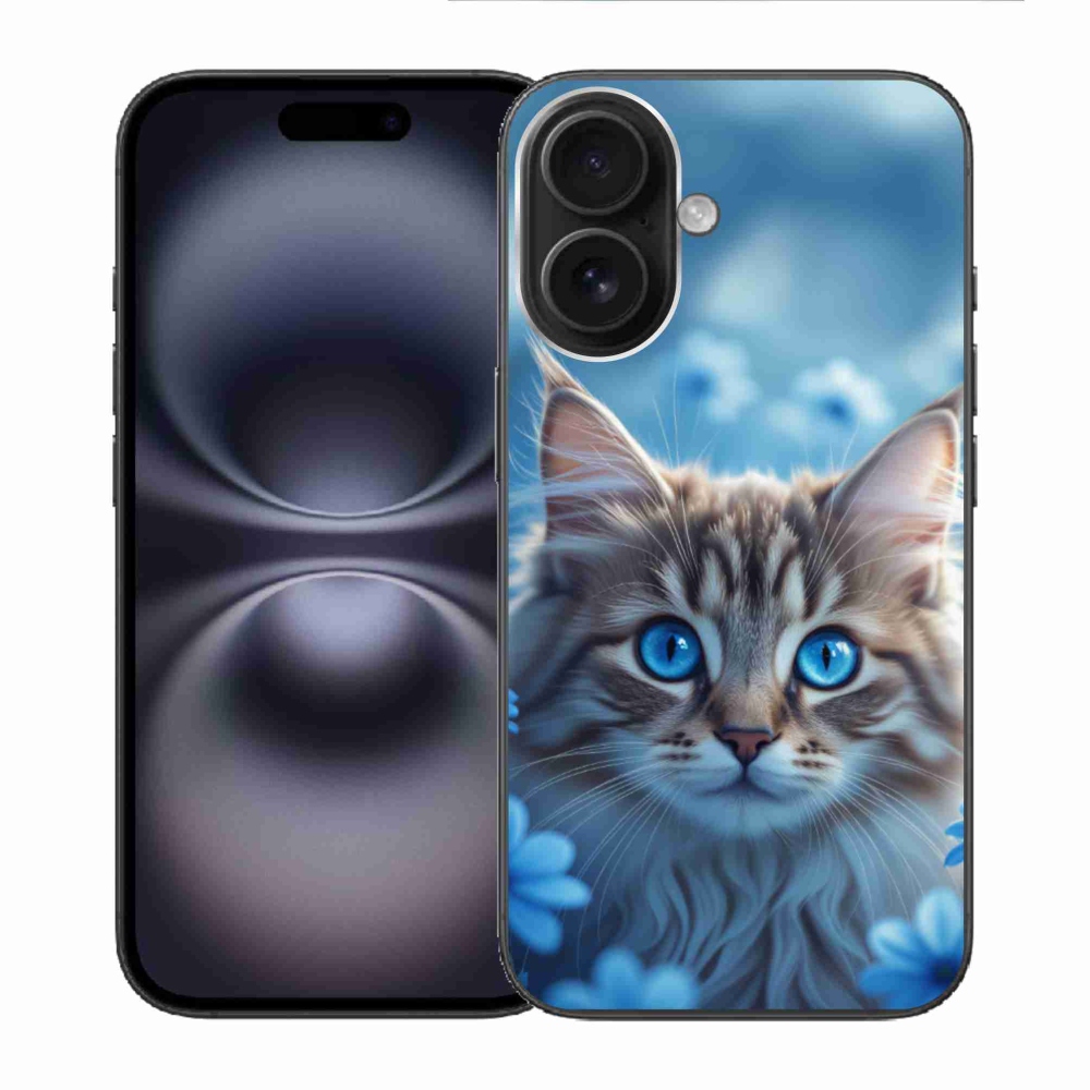 Gelový kryt mmCase na iPhone 16 - koťátko v modrých květech