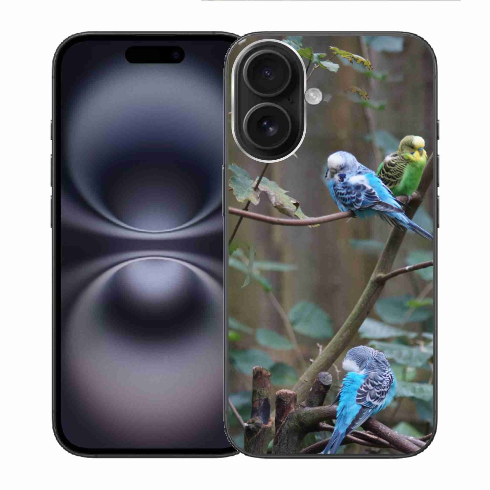 Gelový kryt mmCase na iPhone 16 - papoušci na větvi