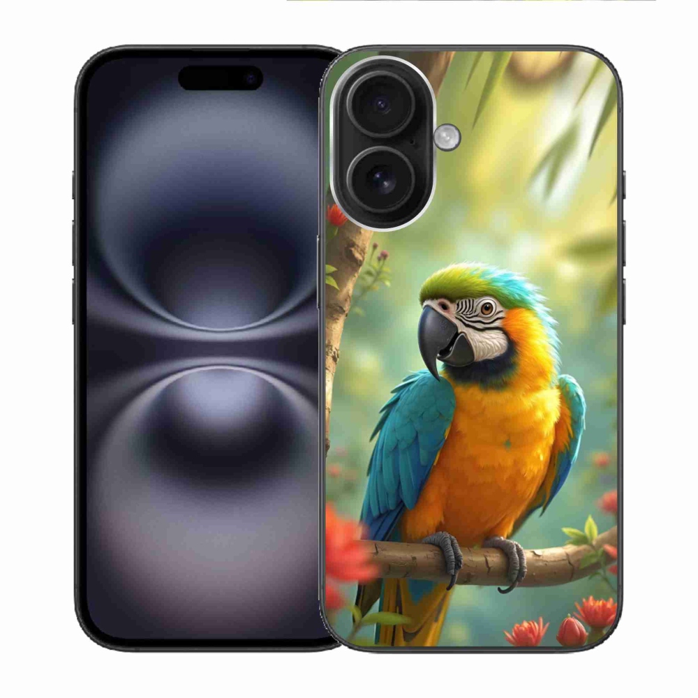 Gelový kryt mmCase na iPhone 16 - papoušek ara modrožlutá
