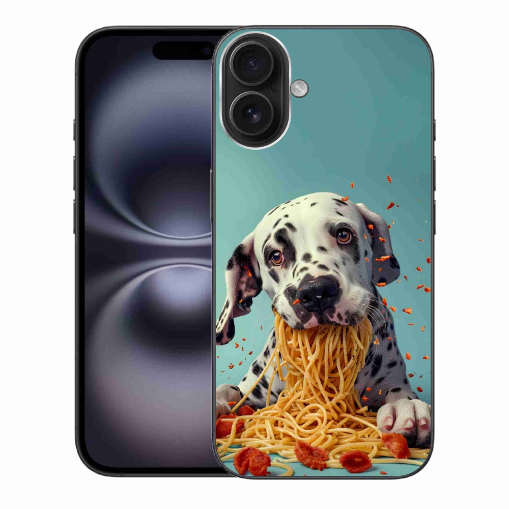 Gelový kryt mmCase na iPhone 16 Plus - dalmatin a špagety