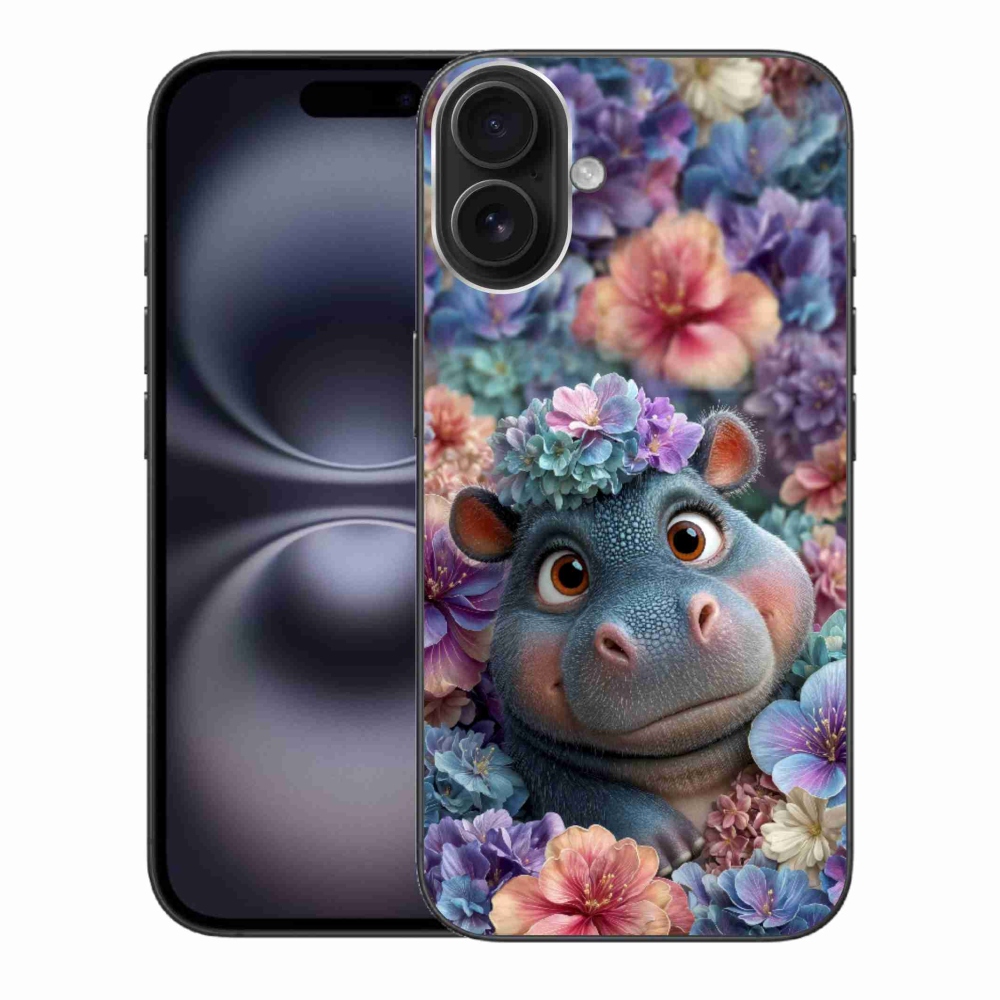 Gelový kryt mmCase na iPhone 16 Plus - hrošík v květinách