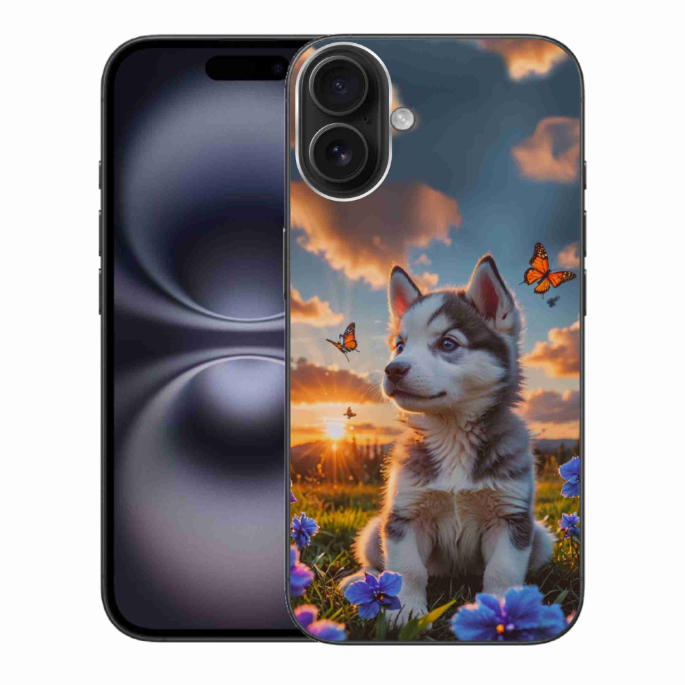 Gelový kryt mmCase na iPhone 16 Plus - husky při západu slunce