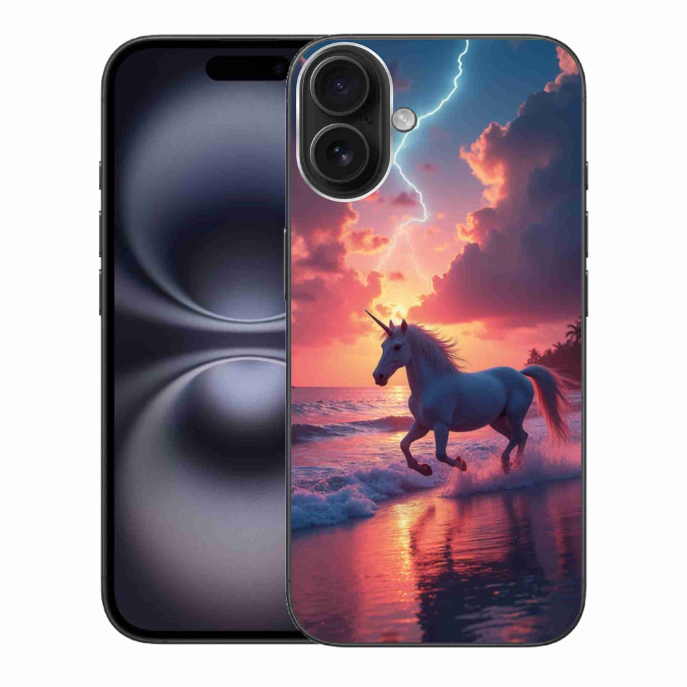 Gelový kryt mmCase na iPhone 16 Plus - jednorožec na pláži
