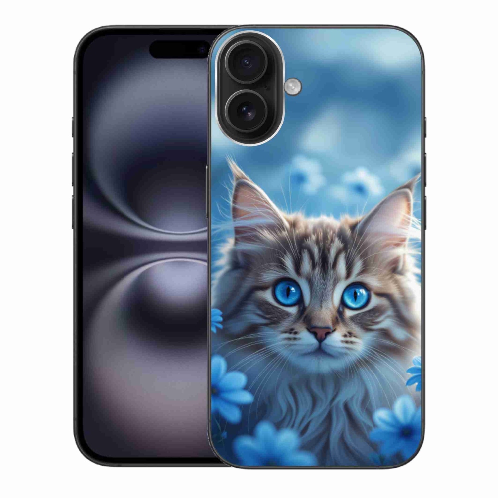 Gelový kryt mmCase na iPhone 16 Plus - koťátko v modrých květech