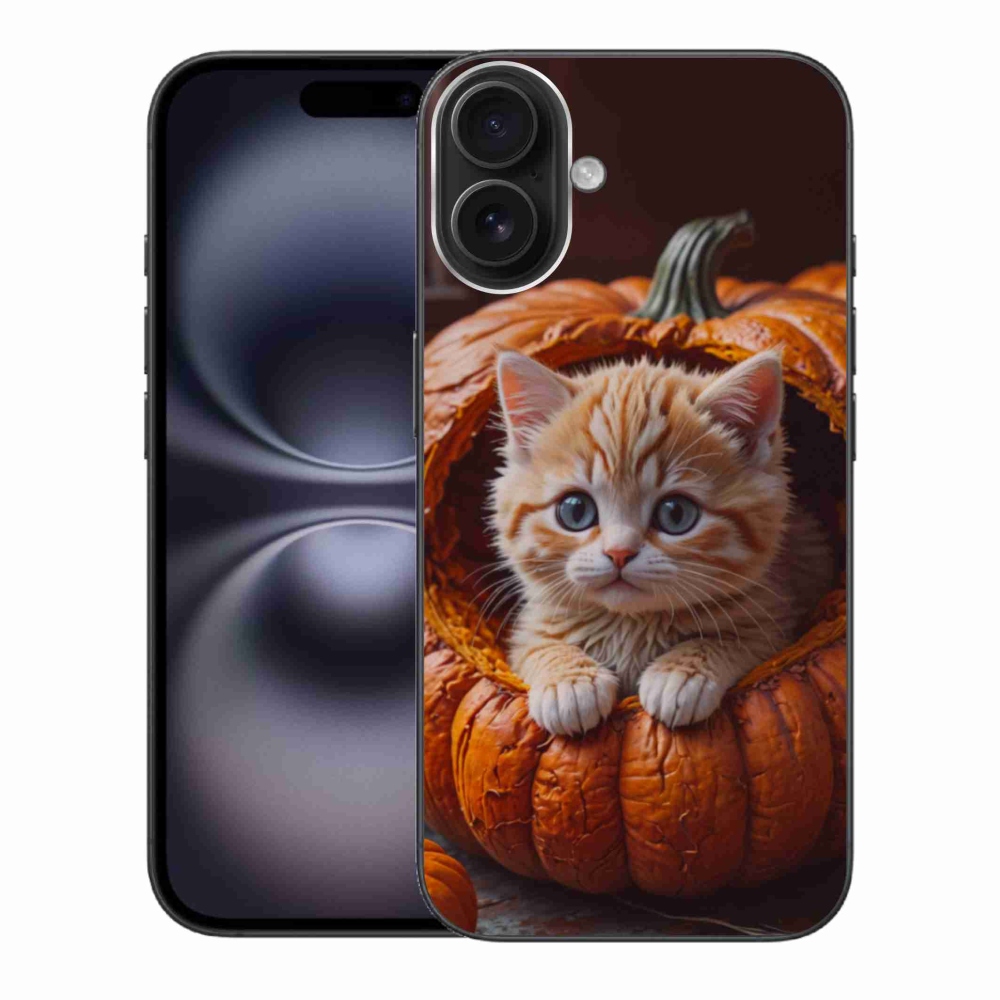 Gelový kryt mmCase na iPhone 16 Plus - kotě a dýně 2