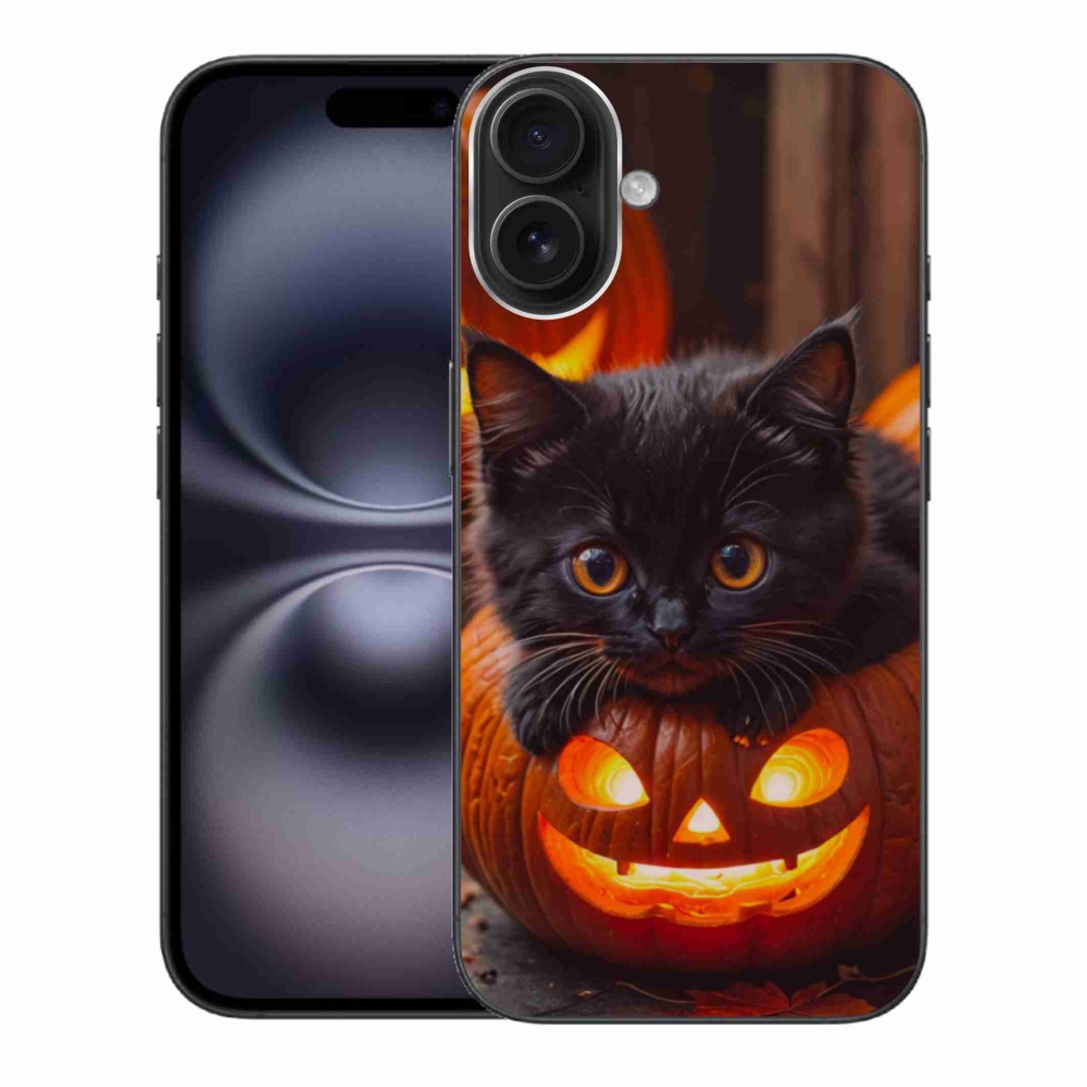 Gelový kryt mmCase na iPhone 16 Plus - kotě a dýně