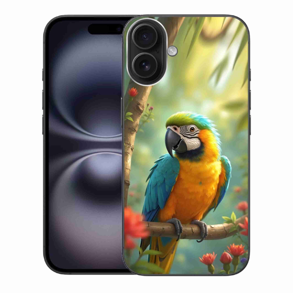 Gelový kryt mmCase na iPhone 16 Plus - papoušek ara modrožlutá