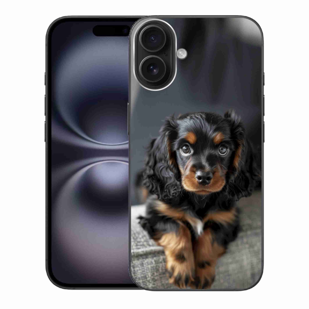 Gelový kryt mmCase na iPhone 16 Plus - roztomilý dlouhosrstý jezevčík